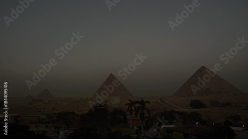 Cairo,Egypt - December 6, 2025: View of great pyramid complex at dawn in Egypt
