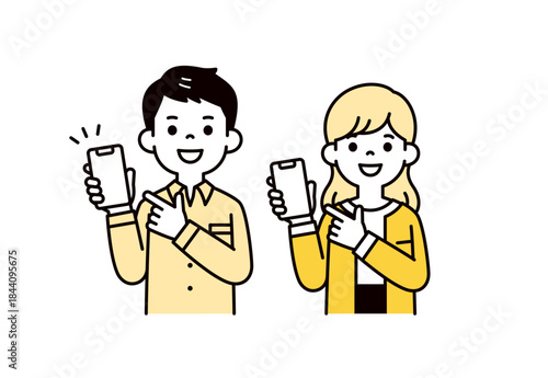 スマートフォンの画面を指差す、20代・30代の男女の上半身ベクターイラスト素材セット
