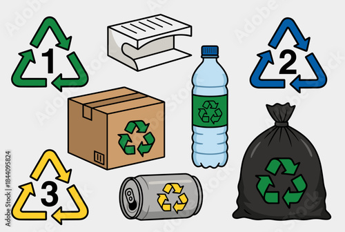 An illustration showing various recyclable items like plastic bottles, cardboard, paper, and aluminum cans, alongside numbered recycling symbols.