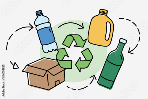 Illustration of a green recycling symbol surrounded by common recyclable items like plastic bottles, a glass bottle, and a cardboard box, with arrows indicating the circular process.