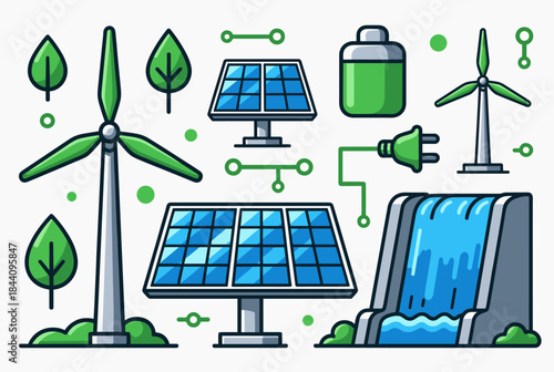 Illustration of various renewable energy sources including wind turbines, solar panels, and hydroelectric power, with a battery and power plug.