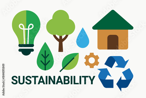 Illustration depicting various icons representing sustainability concepts like energy, nature, water, housing, and recycling, with the word 'SUSTAINABILITY'.