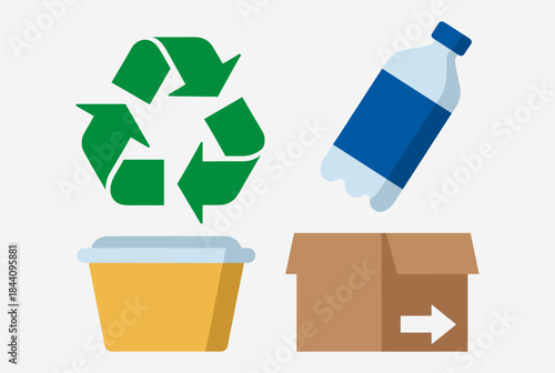 Illustration of recycling symbols with a plastic bottle and cardboard box being sorted into bins.