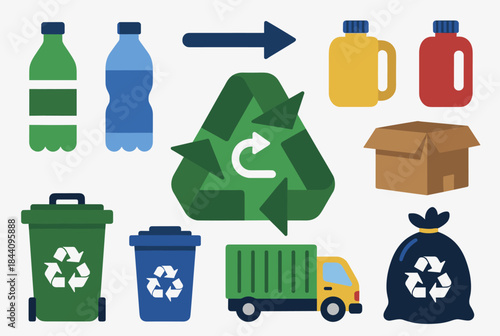 Illustration depicting the process of plastic recycling with bottles, bins, truck, and various recycled products, emphasizing environmental sustainability.
