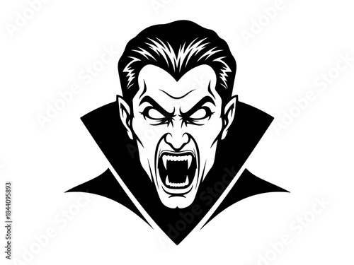 Black and white illustration of a menacing vampire head with fangs and a high collar cape, snarling aggressively.