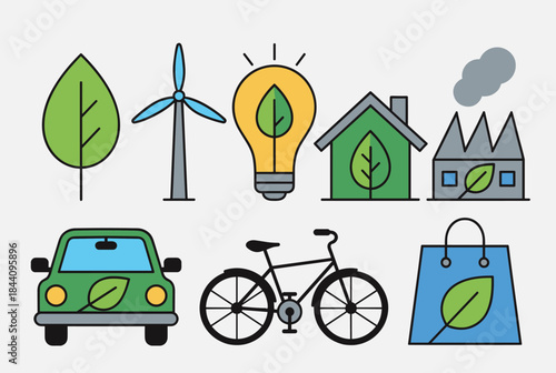 A collection of colorful line art icons representing environmental sustainability, green energy, eco-friendly living, and nature conservation.
