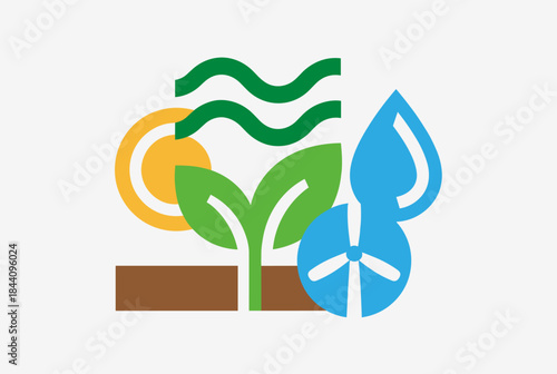 An illustration representing various elements of renewable energy and natural resources, including sun, wind, water, and plant life, symbolizing sustainability and environmental care.