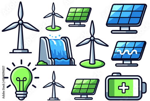 A collection of colorful icons representing various renewable energy sources such as wind turbines, solar panels, hydroelectric power, and energy storage.