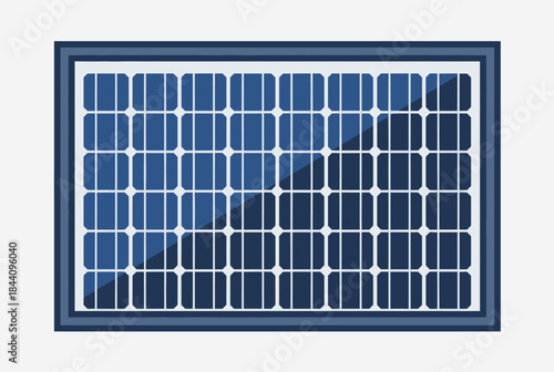 A detailed illustration of a rectangular solar panel with blue photovoltaic cells and a dark frame, representing renewable energy technology.