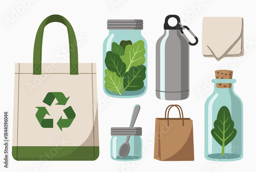 Collection of eco-friendly and reusable items for sustainable living, including bags, bottles, jars, and a recycling symbol.