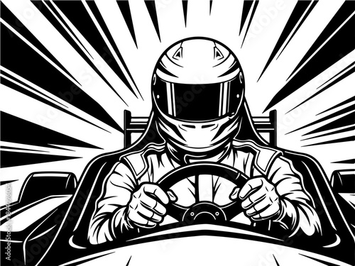 Black and white illustration of a race car driver in a helmet and suit, driving a go-kart with speed lines in the background.