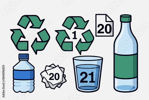 Illustration showing various items with recycling symbols and codes for different materials like plastic, paper, and glass.