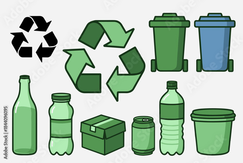 A collection of recycling symbols, bins, and various recyclable containers like bottles, cans, and boxes, emphasizing environmental conservation.