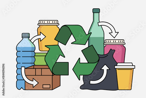 A detailed illustration of various items being recycled, including plastic, glass, cardboard, and general waste, centered around a green recycling symbol.