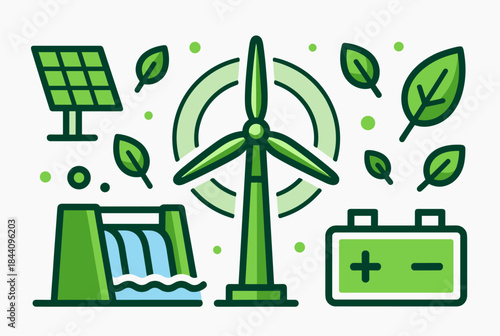 Vector illustration of various renewable energy sources including solar panels, wind turbines, hydroelectric power, and battery storage, surrounded by green leaves.