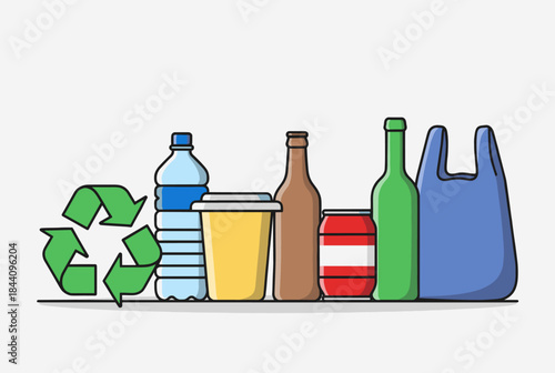 Illustration of various recyclable materials including plastic bottles, glass bottles, paper cups, aluminum cans, and a plastic bag with a recycling symbol.