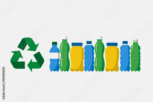 A green recycling symbol next to a line of colorful plastic bottles, illustrating plastic waste and environmental conservation.