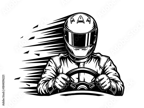Monochrome illustration of a race car driver wearing a helmet and suit, holding a steering wheel with dynamic speed lines.