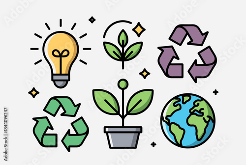 Collection of environmental and sustainability icons including lightbulb, plants, recycling symbols, and Earth globe.