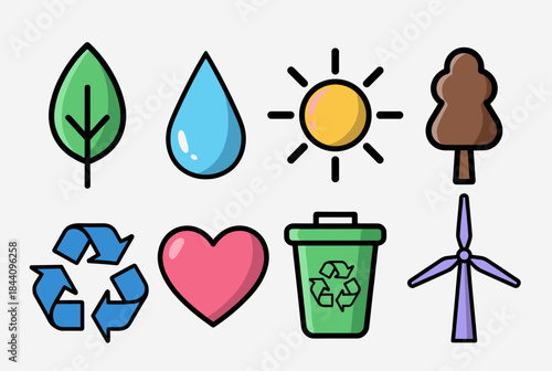 Collection of colorful environmental and nature-related icons featuring leaf, water, sun, tree, recycling symbol, heart, bin, and wind turbine.
