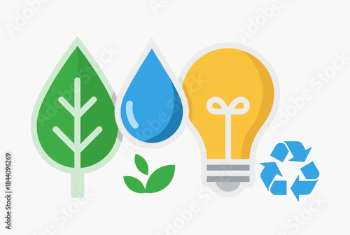 Icons representing environmental conservation, renewable energy, water resources, and recycling.