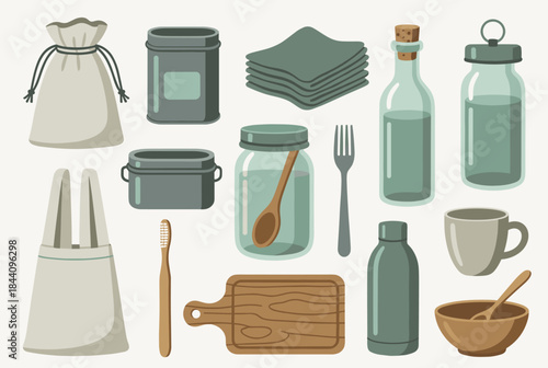 A collection of reusable and sustainable items for an eco-friendly lifestyle, promoting zero waste practices.