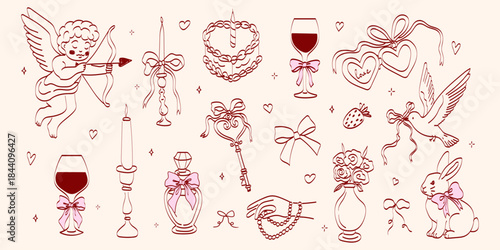 Hand-drawn coquette wedding illustrations. Vintage cute motifs with ribbons and bows in a simple crayon sketch style. Trendy art for Valentine's Day and bachelorette party invitations.