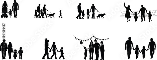 Silhouette illustrations of people and families in various scenes