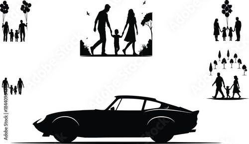 Silhouette of a vintage car and people in various poses
