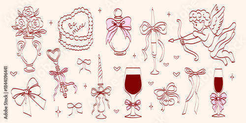 Coquette wedding elements in hand-drawn style. Features vintage cute symbols, ribbons, and bows crayon sketches. Trendy design for Valentine's Day and bachelorette invitation templates.