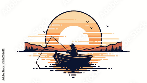 Silhouette of a lone fisherman in a boat casting a line at sunset.