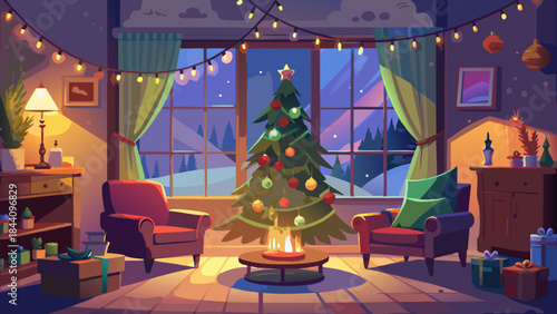 Cozy living room with christmas tree