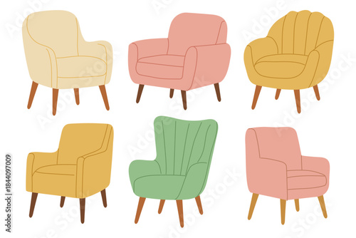 Different types of chairs displayed in fun colors and shapes arranged in two rows