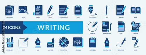 Writing thin icon set containing notebook,fountain pen,signature,write
