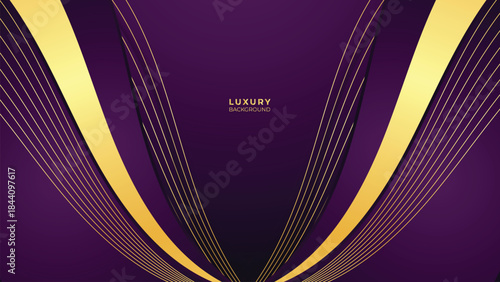 Abstract Luxury Purple Background with Glowing Golden Lines, Neon Light Effects, and Elegant Premium Design