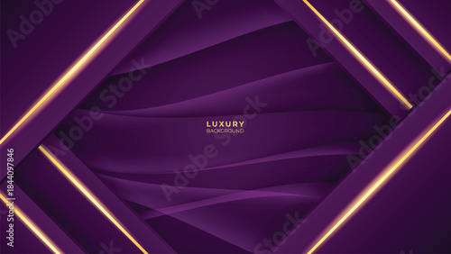 Abstract Luxury Purple Background with Glowing Golden Lines, Neon Light Effects, and Elegant Premium Design