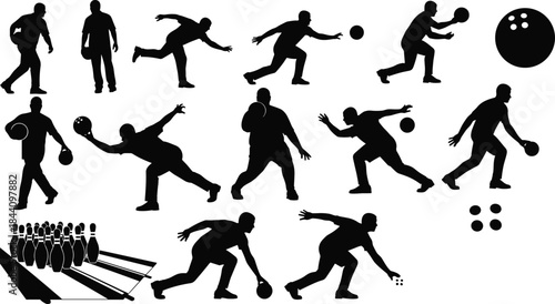 Bowling Game Vector Silhouettes: Men and Athletes in Dynamic Poses Throwing Bowling Balls Down the Alley to Hit Pins for Sport and Recreation.