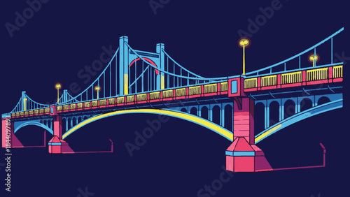 Vibrant Suspension Bridge Illuminated at Night.