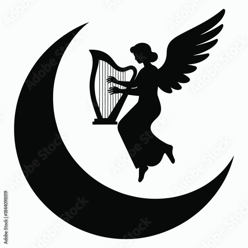 
Celestial Angel Silhouette Playing Harp on a Crescent Moon — A Serene, Mythical Symbol of Peace, Music, and Divine Nighttime Grace