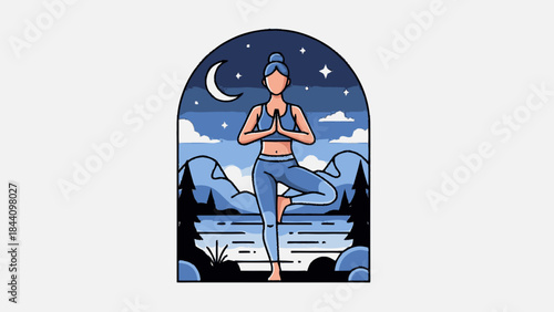 Woman practicing yoga tree pose at night.
