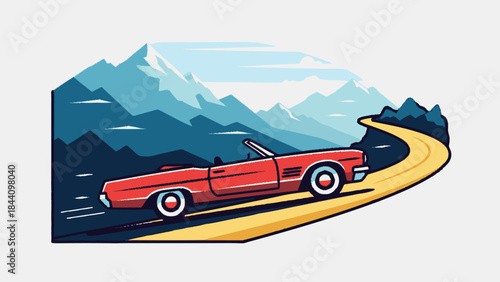 Vintage Red Convertible Car Driving on Scenic Mountain Road.