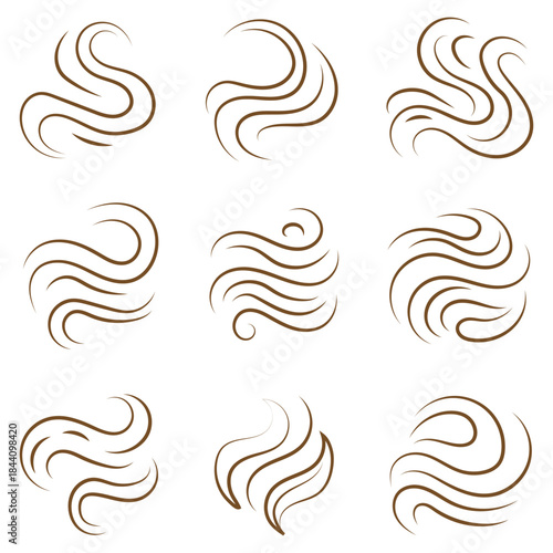 Smoke smell, steam aroma heat icon. Hot vapor fire doodle line logo set. Collection of abstract swirling lines representing smoke or steam. eps 10