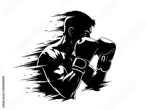A dynamic black and white graphic illustration of a boxer in a fighting stance with motion blur effects, depicting speed and power.
