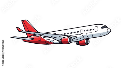 A detailed illustration of a commercial airplane in flight.