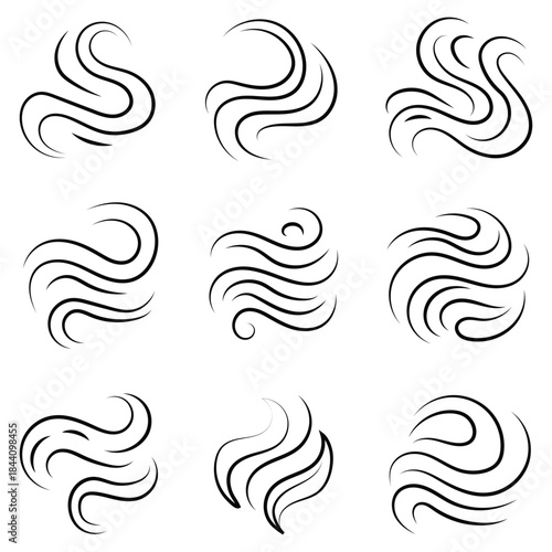 Smoke smell, steam aroma heat icon. Hot vapor fire doodle line logo set. Collection of abstract swirling lines representing smoke or steam. eps 10