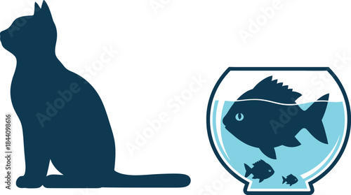 Curious cat silhouetted sitting beside a fishbowl with a blue fish and small fish inside anticipating a meal isolated on white background