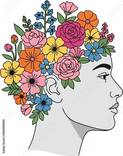 Artistic profile of a woman with vibrant floral crown symbolizing growth beauty and feminine spirit isolated isolated on white background