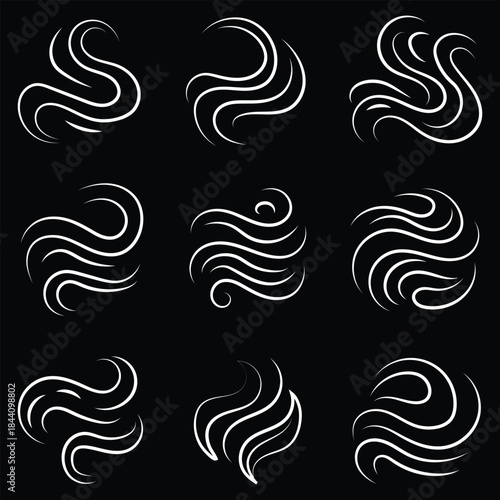 Smoke smell, steam aroma heat icon. Hot vapor fire doodle line logo set. Collection of abstract swirling lines representing smoke or steam. eps 10