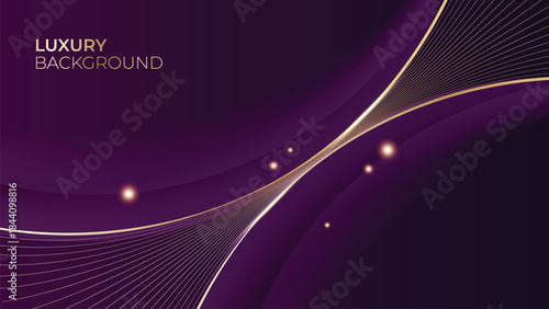 Abstract Luxury Purple Background with Glowing Golden Lines, Neon Light Effects, and Elegant Premium Design