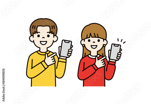 スマートフォンの画面を指差す、若い男女の学生の上半身ベクターイラスト素材セット＿カラー